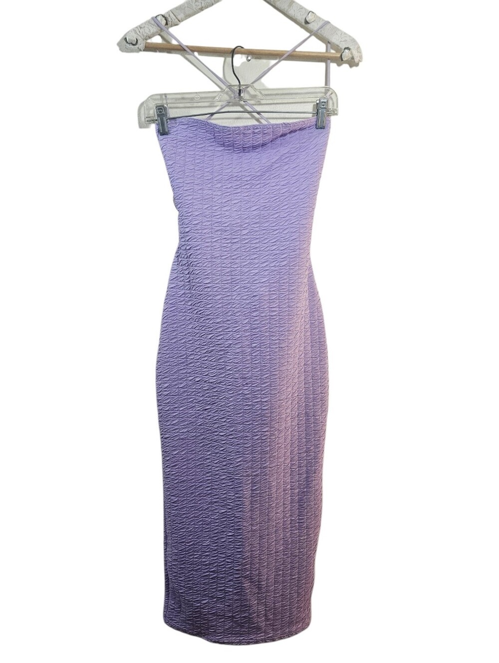 Prettt Little Thing Lilac Textured Strappy Lace Up Back Midaxi Dress Sz US 8 NWT